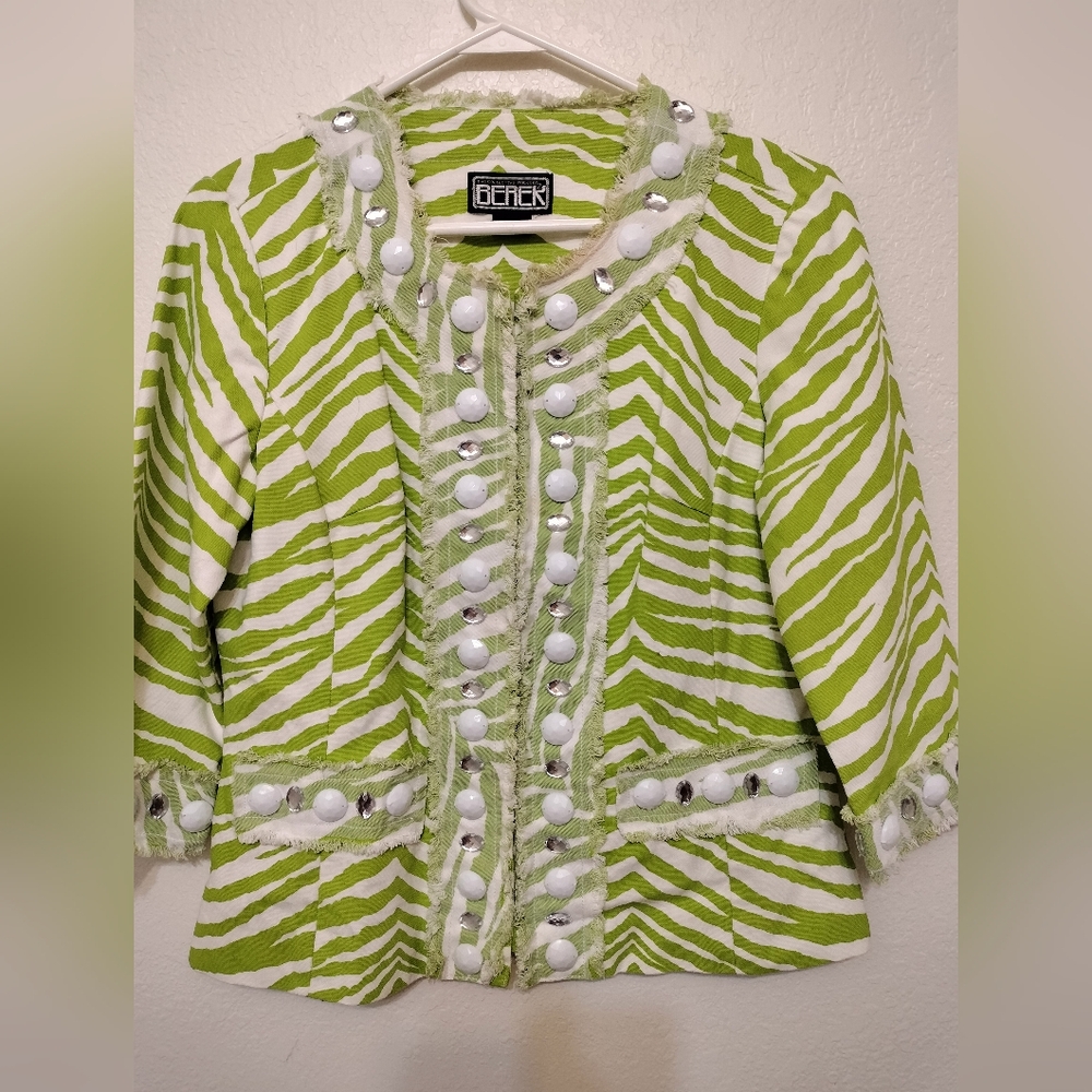 Berek Size Small Lime Green & White Zebra Cotton Beaded Gem Jacket